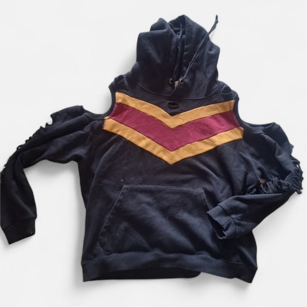 Vintage Havana Black Hoodie with Gold and Burgundy Chevron Accents
